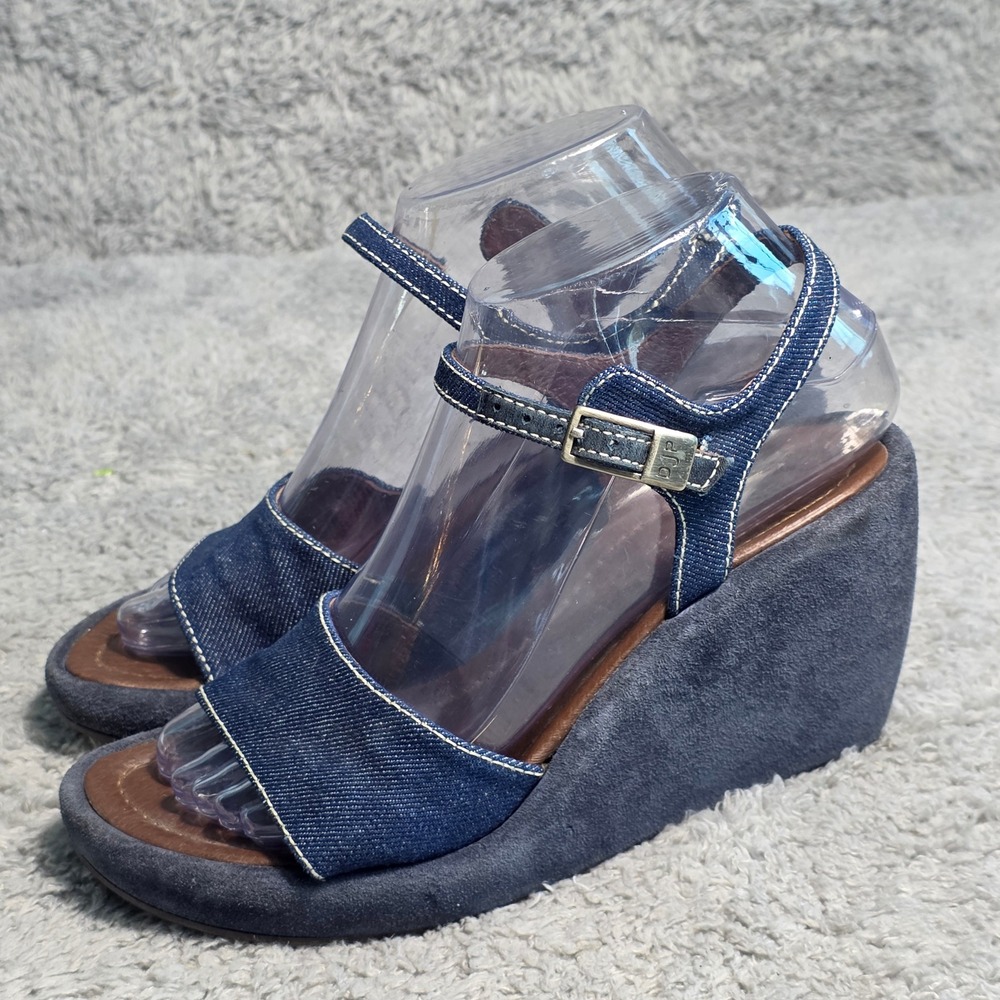Donald J Pliner Wedge Sandals Blue Denim Suede Ankle Strap‎ Womens 6 M Excellent